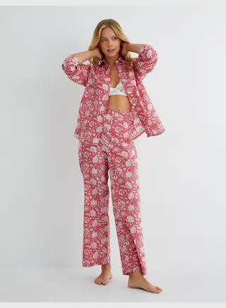 Cotton Button Detail Shirt Neck Long Sleeve Pyjama Top