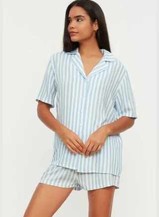 Blue Striped Viscose Top Wide Fit Shirt-Shorts Woven Pajamas Set THMSS21PT0179