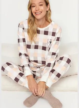 Multicolored Plaid Tshirt-Jogger Knitted Pajamas Set THMAW24PT00225.