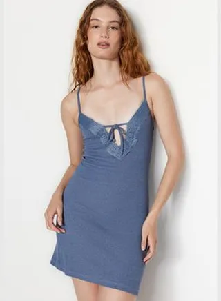 Blue Lace Detailed Corduroy Knit Nightwear THMSS23GC00014