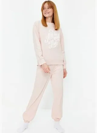 Salmon 100% Cotton Printed Sweatshirt-Jogger Knitted Pajama Set