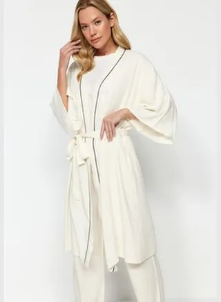 Beige piping Viscose Woven Dressing Gown and Pajama Bottoms 2-Piece Pajamas Set THMAW24PT00074