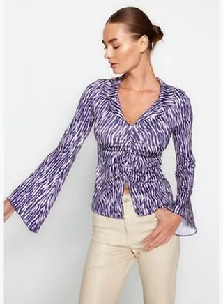 Purple Printed Slim Pleated Fitted Shirt Collar Flexible Knitted Blouse TWOAW24BZ00305