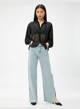 Long Sleeve Silvery Chiffon Shirt