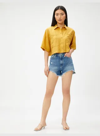 Crop Shirt Pocket Short Sleeve Tencel