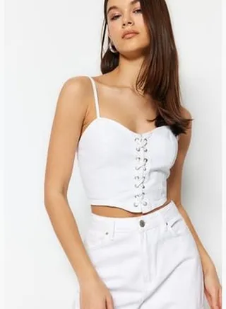 White Eyelet Detailed Denim Bustier TWOSS23BS00010