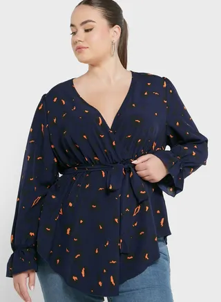 Printed Tie Waist Peplum Top