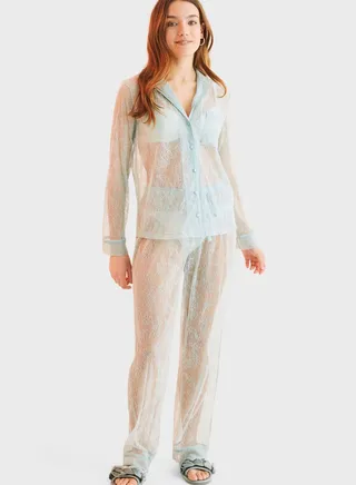 Button Down Mesh Detail Pyjama Set