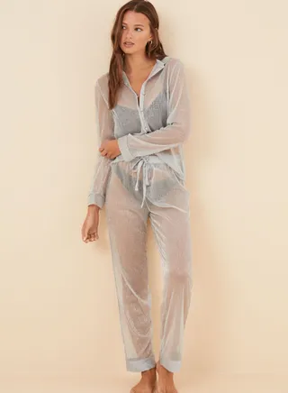 Mesh Detail Pyjama Shirt And Pants