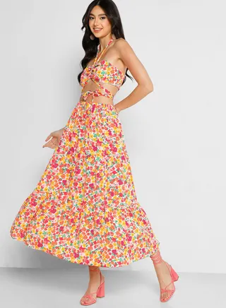 Halter Ruched Neck Top and Skirt Set