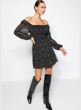 Black Patterned Chiffon Woven Dress with Ruffled Skirt TWOAW24EL00486