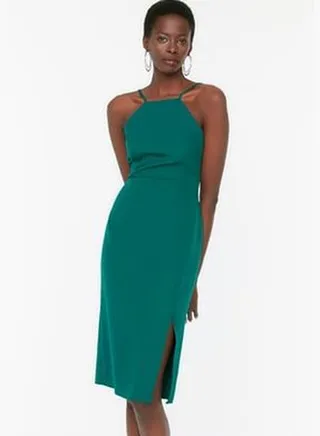 Emerald Woven Midi Dress with a Slit Halter Neckline TWOSS19BB0501