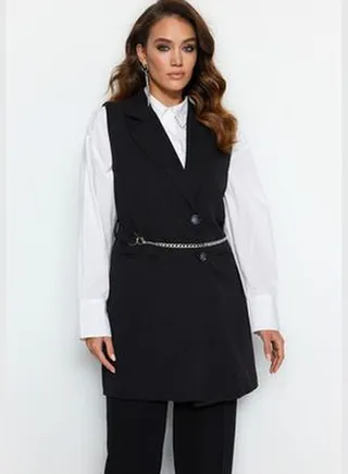 Black Chain Belt Detail Woven Vest TCTAW23YL00013.