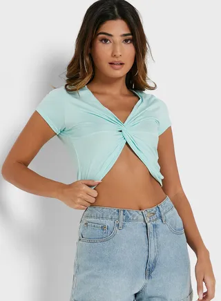 Puff Sleeve Front Twist Crop Top