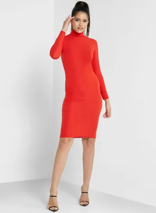 High Neck Ribbed Bodycon Dress