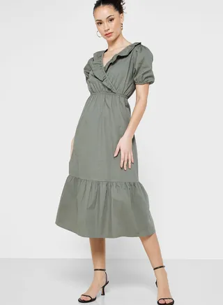 Puff Sleeve Surplice Neck Tiered Dress