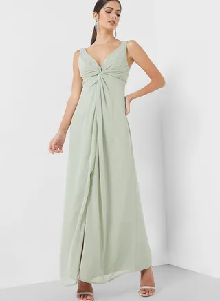 Front Slit Knot Detail Plunge Neck
