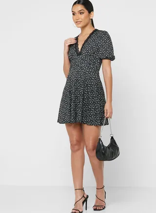 Lace Trim Floral Print Dress