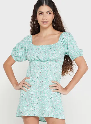 Puff Sleeve Floral Printed Dress