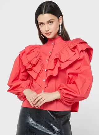 Button Down Ruffle Detail Shirt