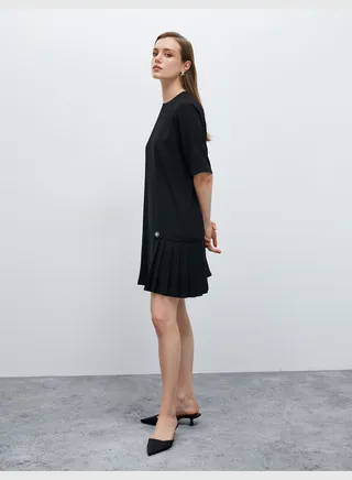 Short Sleeve Pleated Buttoned Short Dress