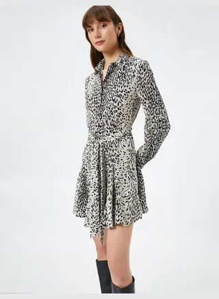 Patterned Belt Detail Mini Voluminous Mini Dress