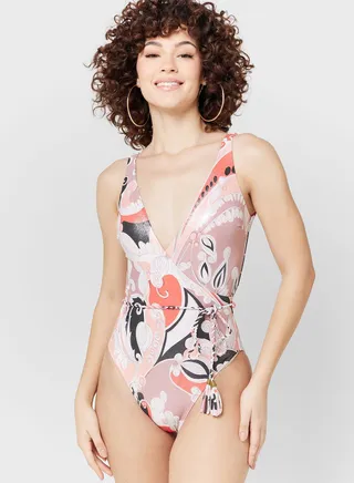 Plunge Neck Printed Swimsuit
