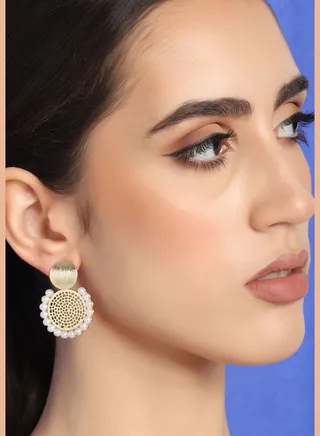 Gold Plated Party Designer Stone And Pearls Drop Earring For Women