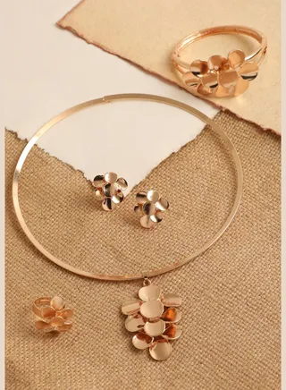 Gold Plated Designer Stone Necklace, Earring, Ring and Bracelet Set