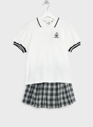 Girls Polo Shirt With Plaid Pleated Skirt Set