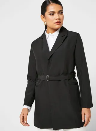 Longline Blazer With Waist Tie