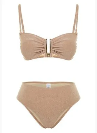 Mink Strapless Accessorized Silvery High Waist High Leg Bikini Set TBESS24BT00054
