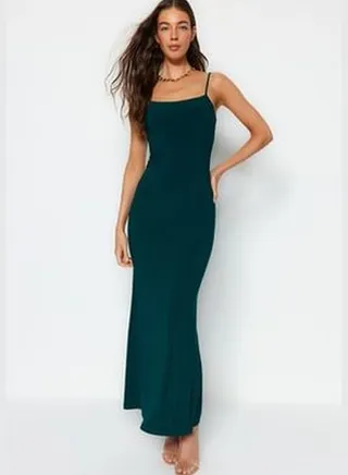 Emerald Green Fitted/Simple Maxi Stretch Knit Dress with Straps TWOSS23EL02435