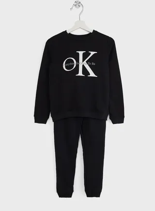 Girls Text Printed Sweatshirt And Jogger Set