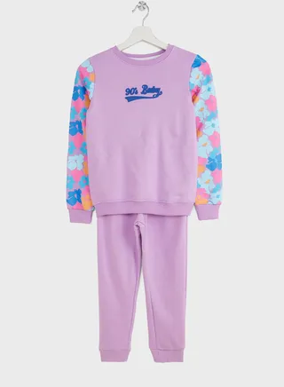 Girls Floral Sleeve Printed Sweatshirt And Jogger Set