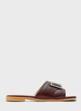 Stone Buckle Detail Square Toe Flat Sandal