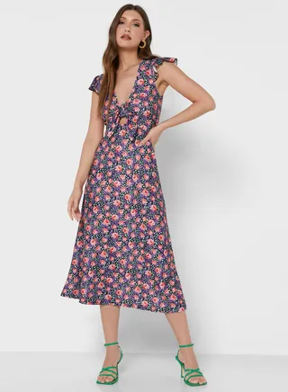 Knot Detail Floral Print Dress