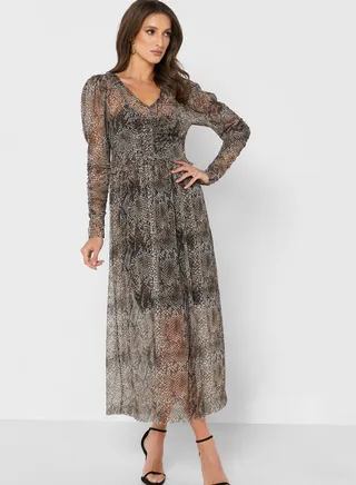V-Neck Printed Ruched Dress
