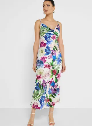Cowl Neck Floral Print Strappy Dress