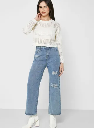 Ripped Detail Wide Leg Jeans