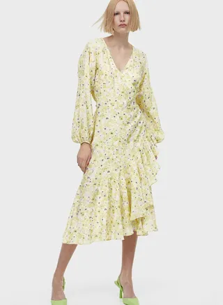 Balloon Sleeve Ruffle Printed Dress