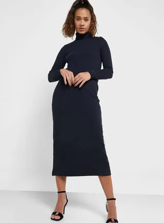 Roll Neck Button Detail Dress