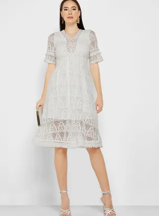 Lace Panel Detail Textured Dress