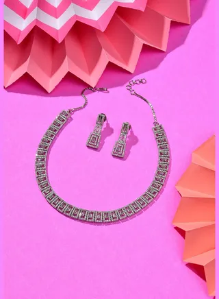 Silver Plated Designer Stone Necklace and Earring Set