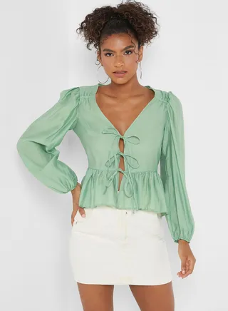 Tie Detail Ruffle Hem Balloon Sleeve Top