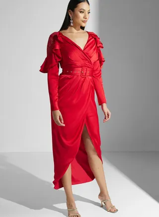 Lace Ruffle Side Slit Dress