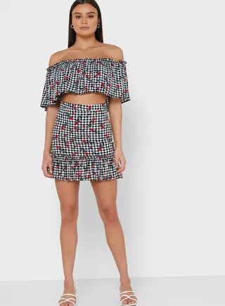 Printed Bardot Crop Top & Skirt Set