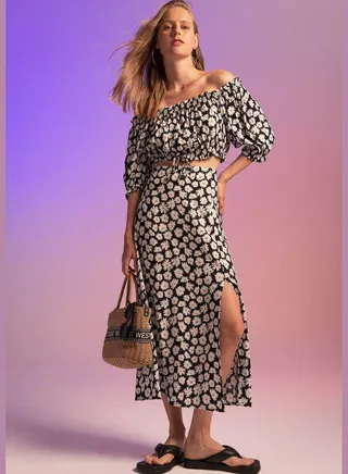 A Cut One Side Split Zebra Print Midi Skirt