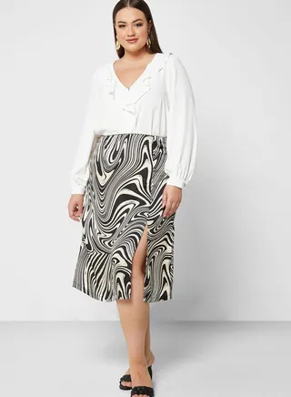 Side Slit Detail Marble Print Skirt