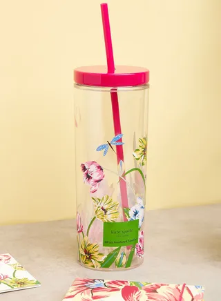 Acrylic Tumbler With Straw, Dragonflies And Tulips